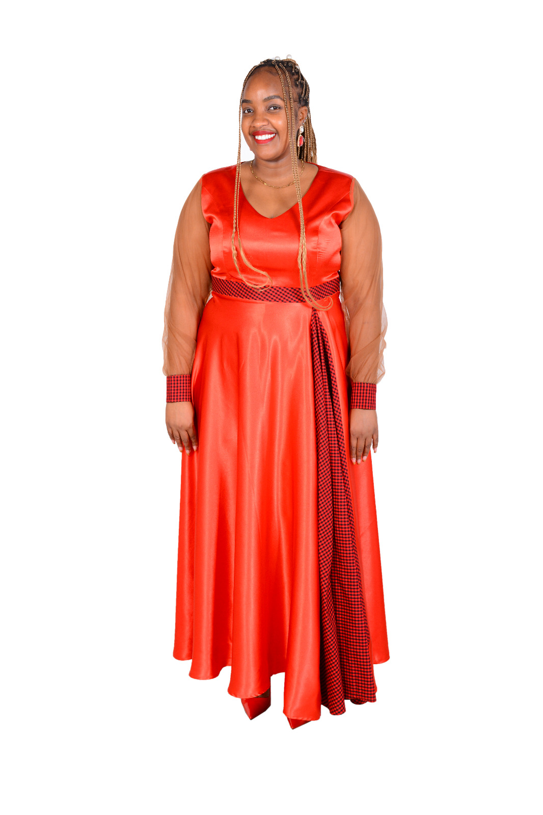 Afrique Elegance Dress -Elegant Red Satin and Checked Maasai-Inspired Maxi Dress