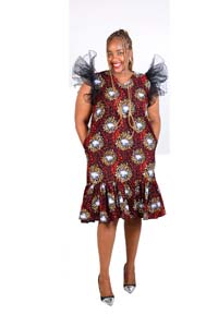 Cultural Charm-Stylish African Kitenge Print Ruffled Dress with Net Sleeves